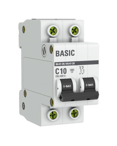 Автоматический выключатель 2P 10А (C) 4,5кА ВА 47-29 Basic (mcb4729-2-10C). Автоматический выключатель. EKF в Артеме